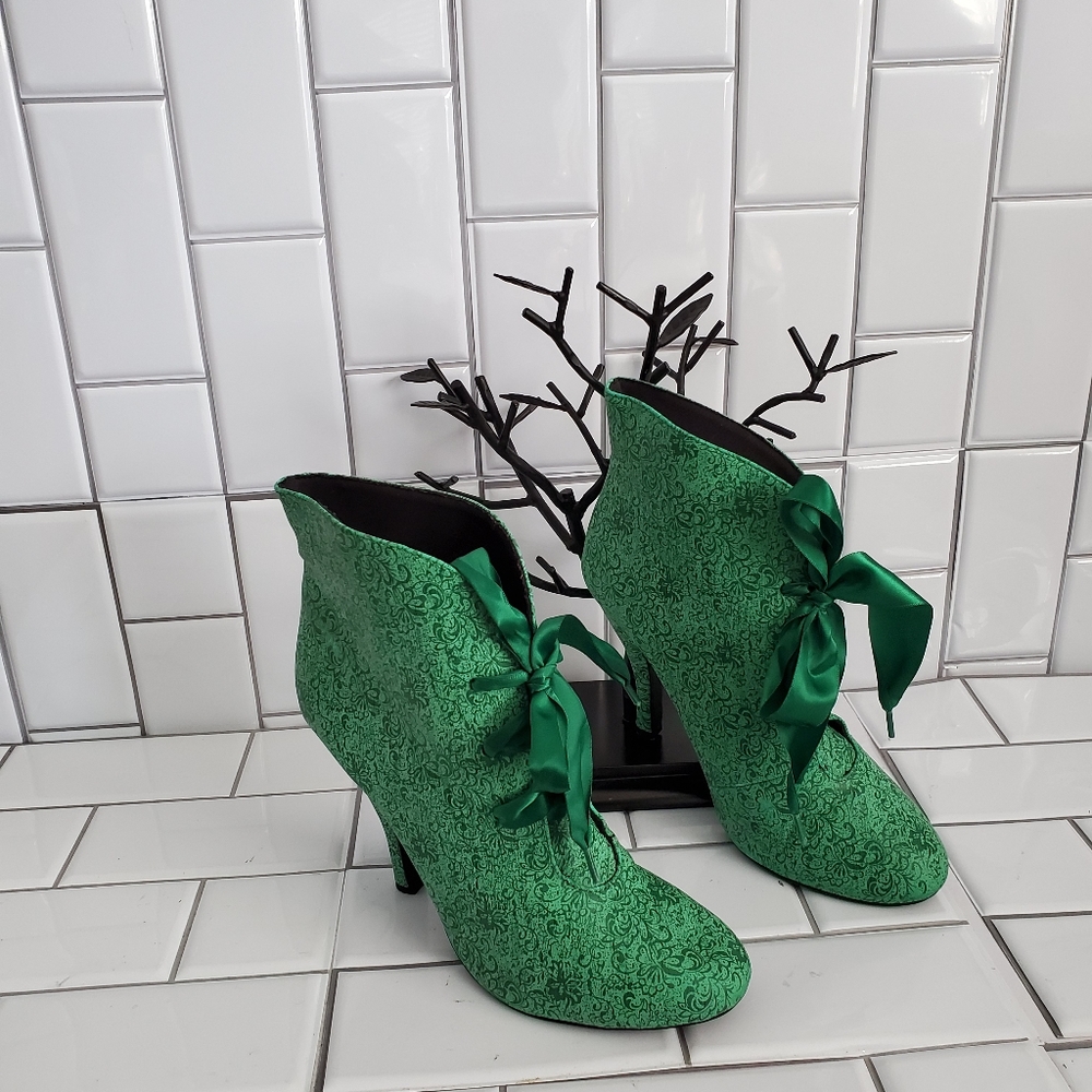 Mojo Moxy Green Brocade Heeled Ankle Boots with Satin Ribbon